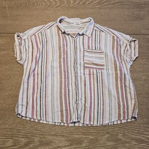 Maurices Linen Blend Striped Button Front Top Cap Sleeve 1X White Pink Tan